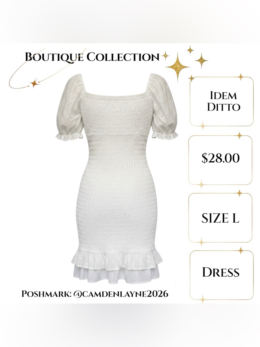 White Smocked “Milk-Maid” Mini Dress with Puff Sleeves - Picture 4 of 6